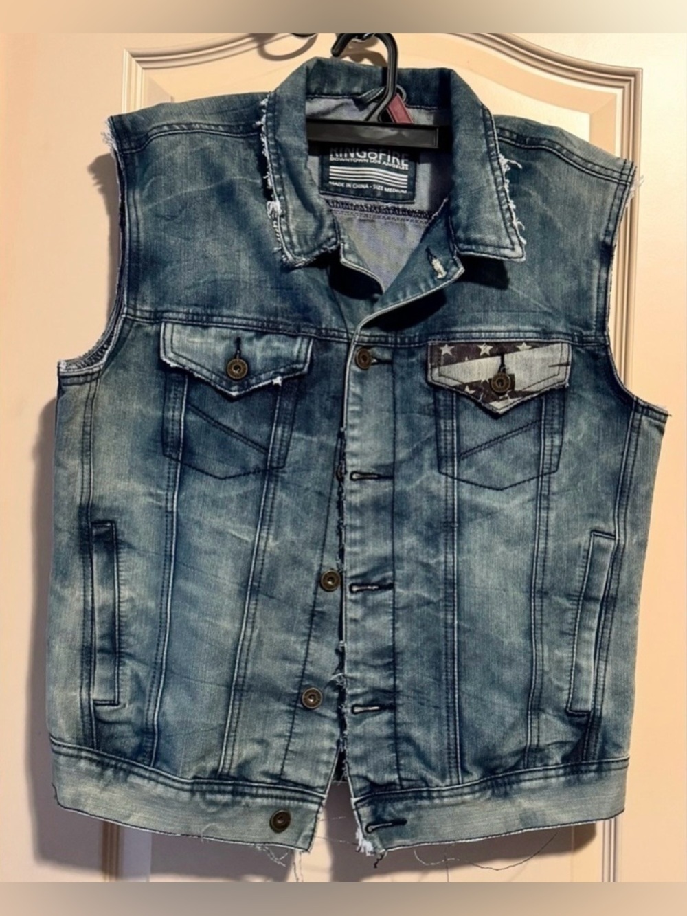 Ring of Fire Men's Faded Blue Distressed Denim Vest with Star Patch